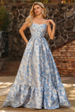 Robe longue de bal décapotable brocart Jacquard bleu clair décollée