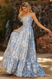 Robe longue de bal décapotable brocart Jacquard bleu clair décollée