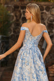 Robe longue de bal décapotable brocart Jacquard bleu clair décollée
