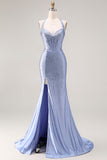 Corset de fin d’année long à perles en forme de sirène bleu clair avec une fente