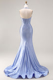 Corset de fin d’année long à perles en forme de sirène bleu clair avec une fente