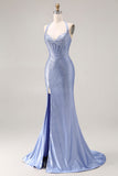 Corset de fin d’année long à perles en forme de sirène bleu clair avec une fente
