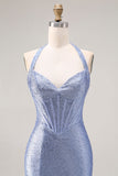 Corset de fin d’année long à perles en forme de sirène bleu clair avec une fente