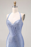 Corset de fin d’année long à perles en forme de sirène bleu clair avec une fente