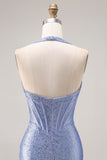 Corset de fin d’année long à perles en forme de sirène bleu clair avec une fente
