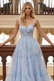 Robe de bal longue à bretelles spaghetti bleu floral A Line