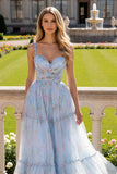 Robe de bal longue à bretelles spaghetti bleu floral A Line