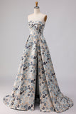 Robe de bal longue de promo à motif de fleurs bleues sans bretelles en ligne A
