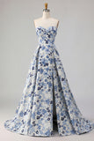 Robe de bal longue de promo à motif de fleurs bleues sans bretelles en ligne A