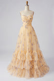 Robe longue de bal à motifs plissés à motifs A en ligne jaune avec volants