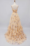 Robe longue de bal à motifs plissés à motifs A en ligne jaune avec volants