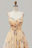 Robe longue de bal à motifs plissés à motifs A en ligne jaune avec volants