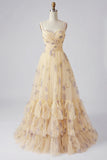 Robe longue de bal à motifs plissés à motifs A en ligne jaune avec volants