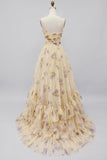 Robe longue de bal à motifs plissés à motifs A en ligne jaune avec volants
