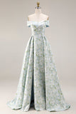 Longue robe de demoiselle d’honneur à motif fleur blanche bleu dénudé avec fente