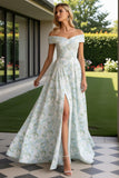 Longue robe de demoiselle d’honneur à motif fleur blanche bleu dénudé avec fente