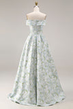 Longue robe de demoiselle d’honneur à motif fleur blanche bleu dénudé avec fente