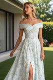 Longue robe de demoiselle d’honneur à motif fleur blanche bleu dénudé avec fente