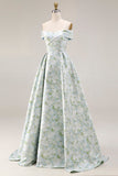 Robe de bal longue en satin à motif A-line dénudé épaule décalée et fente