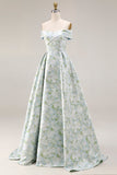 Longue robe de demoiselle d’honneur à motif fleur blanche bleu dénudé avec fente