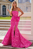 Robe longue de bal de bal florale fleurie fuchsia avec fente