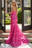 Robe longue de bal de bal florale fleurie fuchsia avec fente