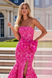 Robe longue de bal de bal florale fleurie fuchsia avec fente
