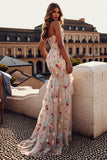 Robe de soirée longue sirène ivoire bustier fleuri volants avec fente