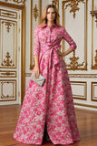 Fleur fuchsia Une ligne col chemise Robe longue mère de la mariée avec lien à la taille