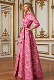 Fleur fuchsia Une ligne col chemise Robe longue mère de la mariée avec lien à la taille
