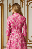 Fleur fuchsia Une ligne col chemise Robe longue mère de la mariée avec lien à la taille