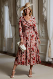 Dusty Rose Floral Une ligne Col en V Imprimé Midi Robe Mère de la Mariée à Manches Longues