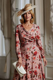 Dusty Rose Floral Une ligne Col en V Imprimé Midi Robe Mère de la Mariée à Manches Longues