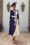 Robe midi midi marme de la mariée à col en V bleu marine avec des appliqués