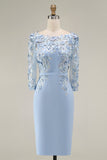 Robe midi Mother of the Bride Mother of the Bride à col bateau bleu clair avec un col en fusil et manches 3/4