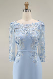 Robe midi Mother of the Bride Mother of the Bride à col bateau bleu clair avec un col en fusil et manches 3/4
