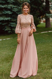 Longue robe de mère de la mariée en dentelle rose poussiéreuse avec manches 3/4