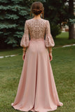 Longue robe de mère de la mariée en dentelle rose poussiéreuse avec manches 3/4