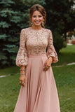 Longue robe de mère de la mariée en dentelle rose poussiéreuse avec manches 3/4