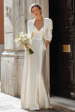 Robe de mariée longue au sol en satin ivoire en 2 pièces à col en V avec veste