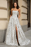 Blanche, noire A Line Strapless Pois longue robe de bal avec fente