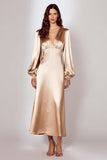 Robe formelle champagne à manches longues en satin à col en V