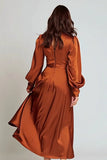 Satin rouille A Line à col en V pour robe formelle midi