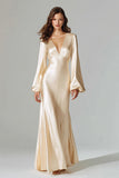 Robe longue de cérémonie longue à décolleté en satin à col en V champagne