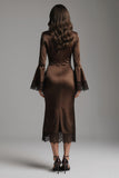 Robe formelle à manches longues en satin café avec fourreau et dentelle