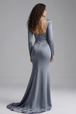 Robe formelle à manches longues en satin bleu poussiéreux avec des strass