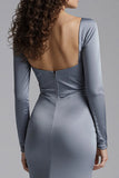 Robe formelle à manches longues en satin bleu poussiéreux avec des strass