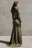 Robe formelle à manches longues en satin satin olive avec fente