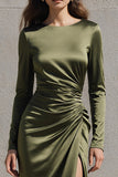 Robe formelle à manches longues en satin satin olive avec fente