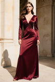 Robe formelle à manches longues en satin bordeaux à col en V
